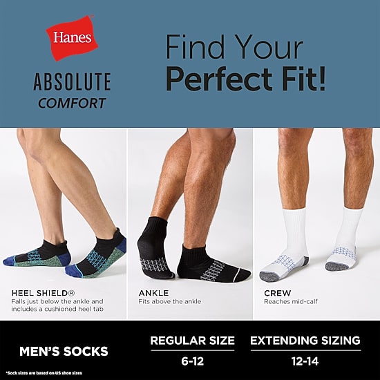Hanes® Men's Ultimate Absolute Comfort, 3+1 Bonus Pack, No-Show Socks with Heel Shield