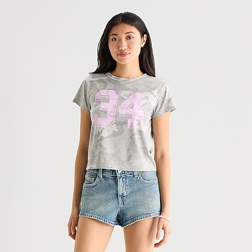 Arizona Womens Juniors Round Neck Short Sleeve Classic Fit Graphic T-shirt In Green