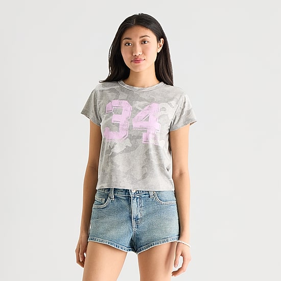 Arizona Womens Juniors Crew Neck Short Sleeve Regular Fit Graphic T-Shirt
