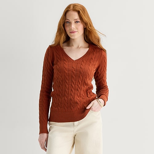 St. John's Bay Tall Womens V Neck Long Sleeve Cable Knit Pullover Sweater In Brown