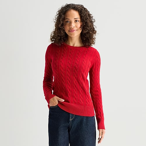 St. John's Bay Womens Crew Neck Long Sleeve Cable Knit Pullover Sweater In Red