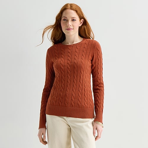 St. John's Bay Womens Crew Neck Long Sleeve Cable Knit Pullover Sweater In Brown