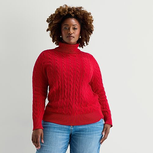 St. John's Bay Plus Womens Turtleneck Long Sleeve Cable Knit Pullover Sweater In Red