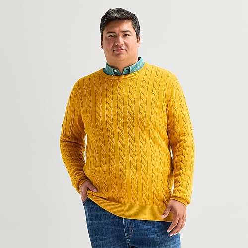 St. John's Bay Cable Big And Tall Mens Crew Neck Long Sleeve Pullover Sweater In Yellow