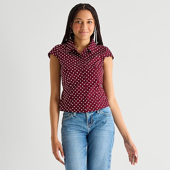 Arizona Womens Juniors Cap Short Sleeve Regular Fit Button-Down Shirt