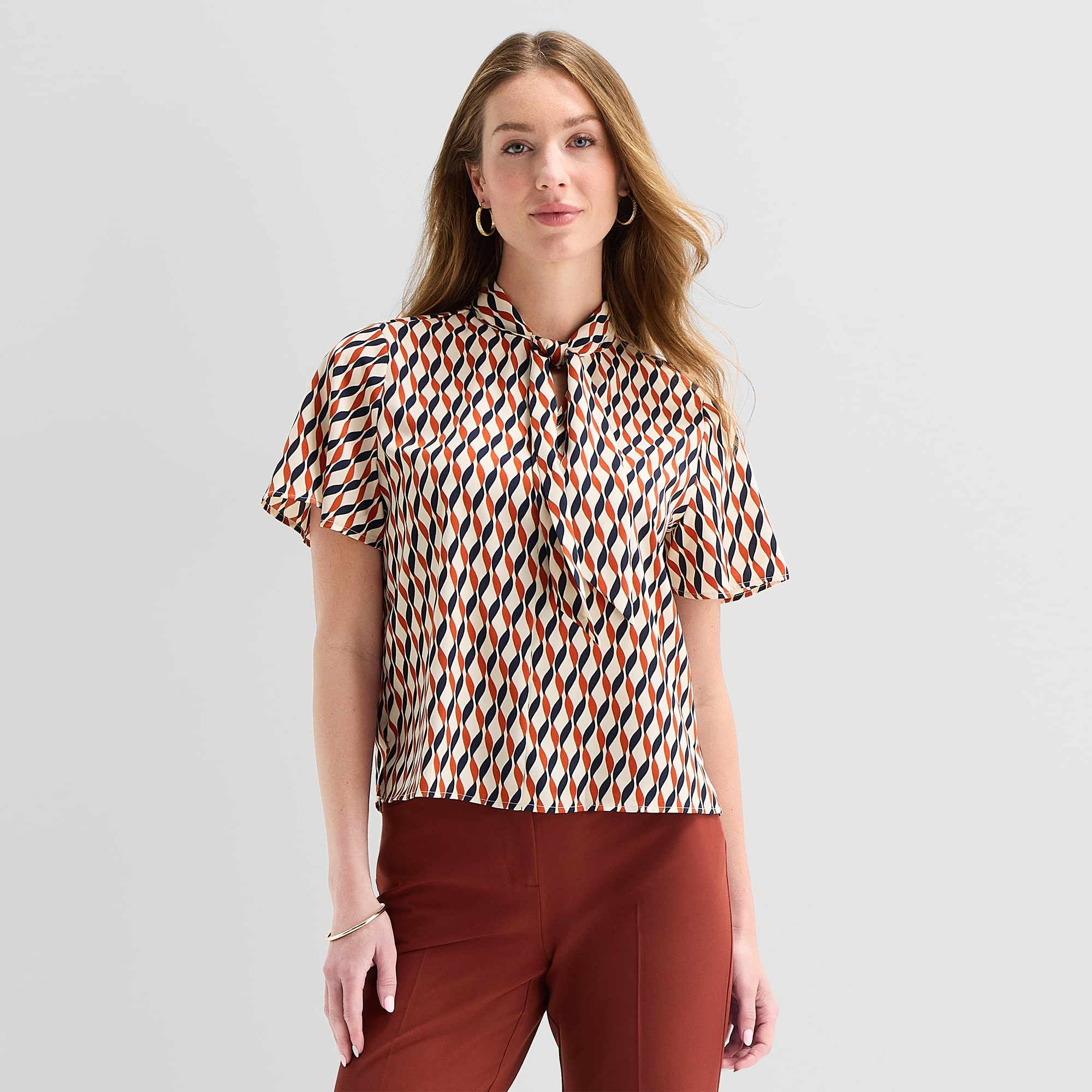 Liz Claiborne Womens Split Tie Neck Short Sleeve Blouse