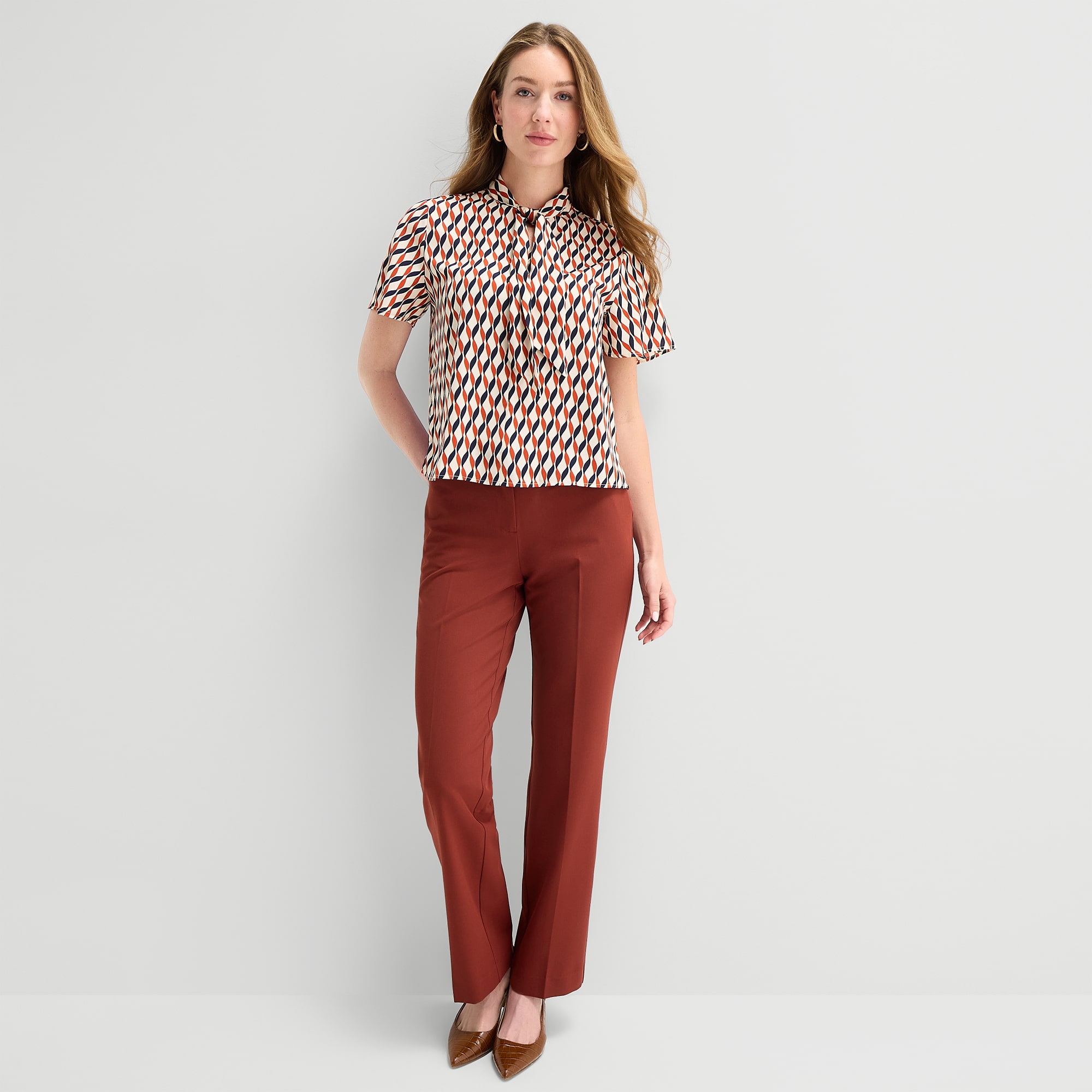 Liz Claiborne Womens Split Tie Neck Short Sleeve Blouse