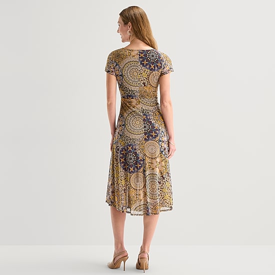Robbie Bee Womens Midi Round Neck Short Sleeve Medallion Fit + Flare Dress