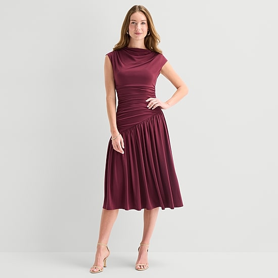 Robbie Bee Womens Boat Neck Short Sleeve Fit + Flare Dress