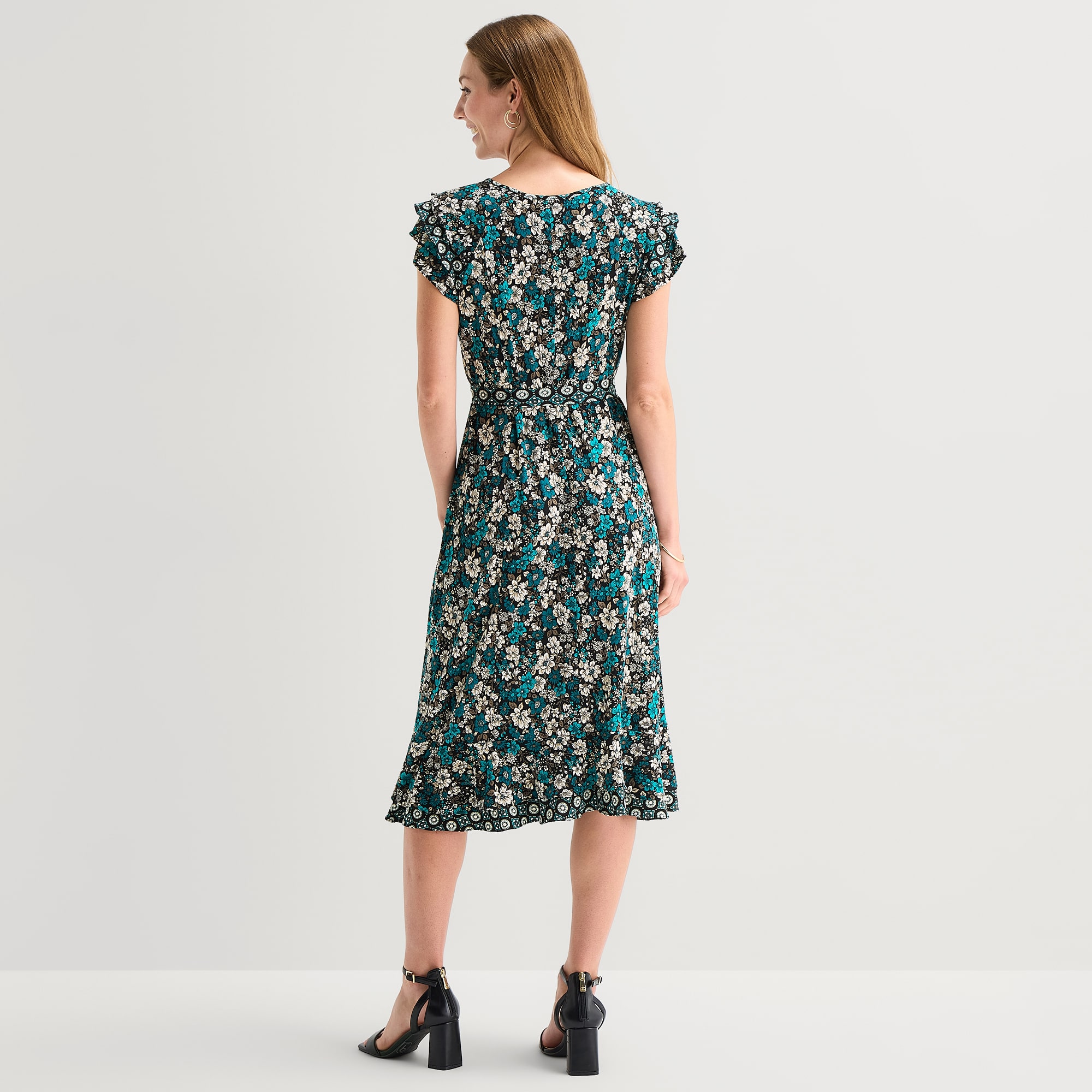 Perceptions Womens Midi Round Neck Short Sleeve Flutter Floral Fit + Flare Dress