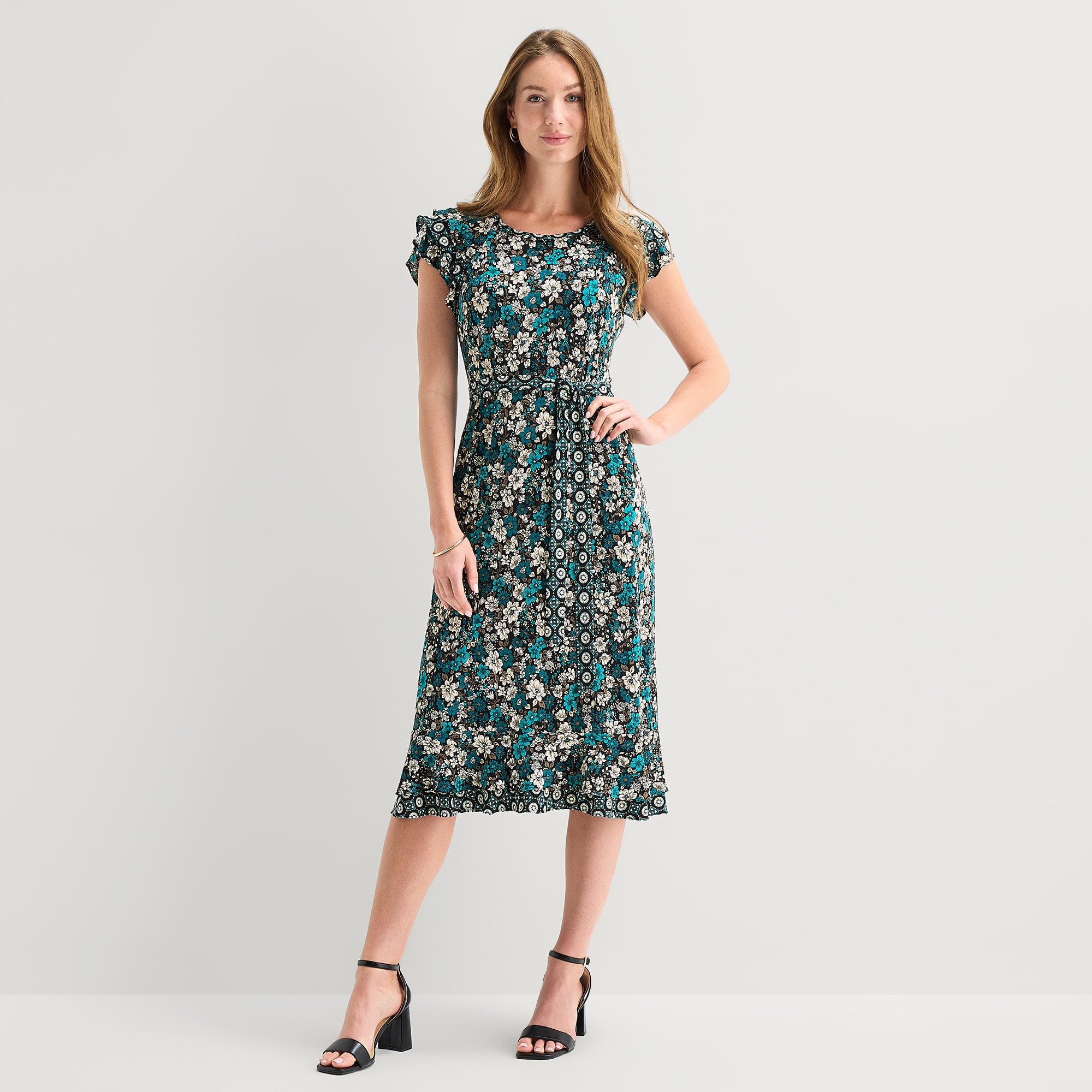 Perceptions Womens Midi Round Neck Short Sleeve Flutter Floral Fit + Flare Dress