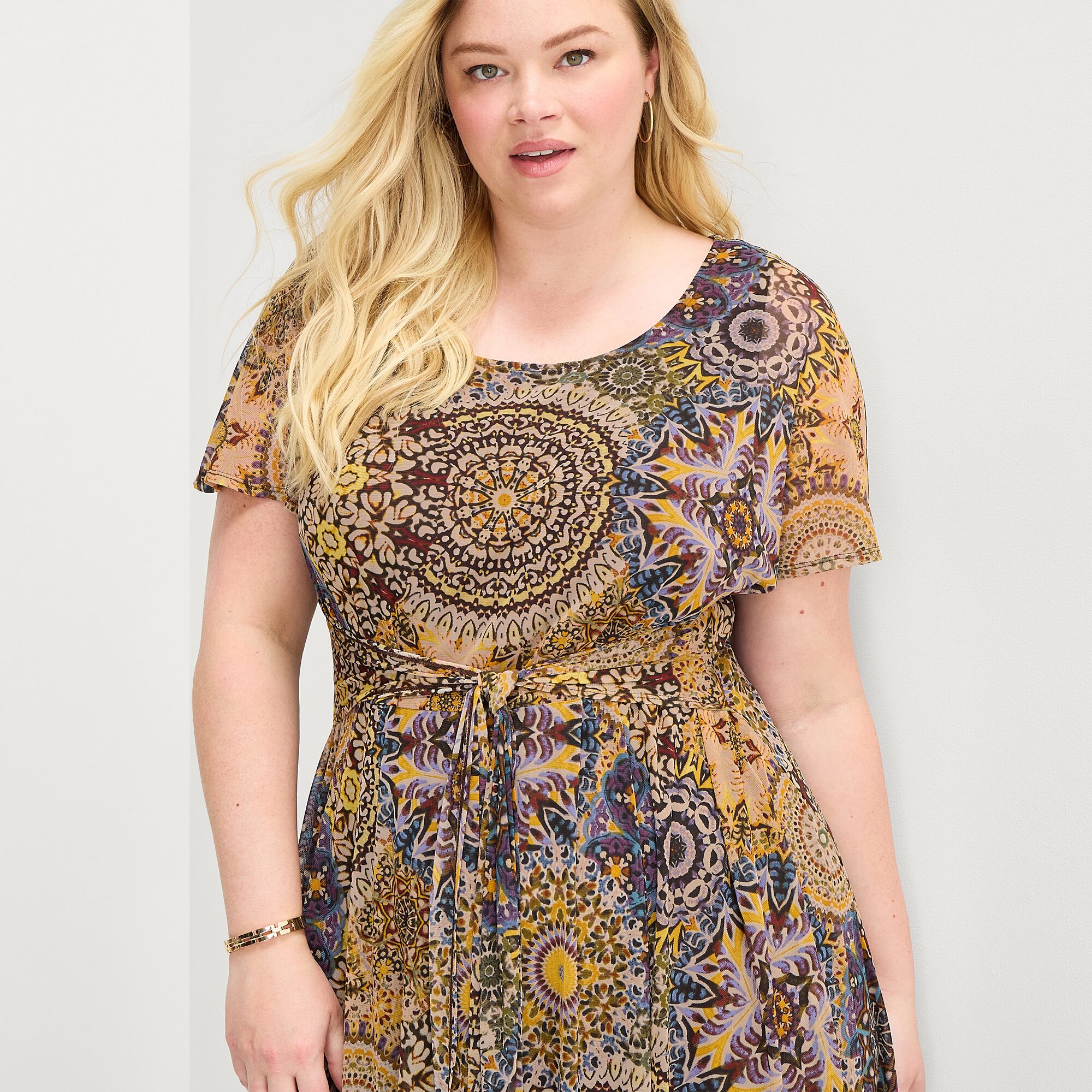 Robbie Bee Womens Plus Round Neck Sleeveless Dolman Medallion Fit + Flare Dress