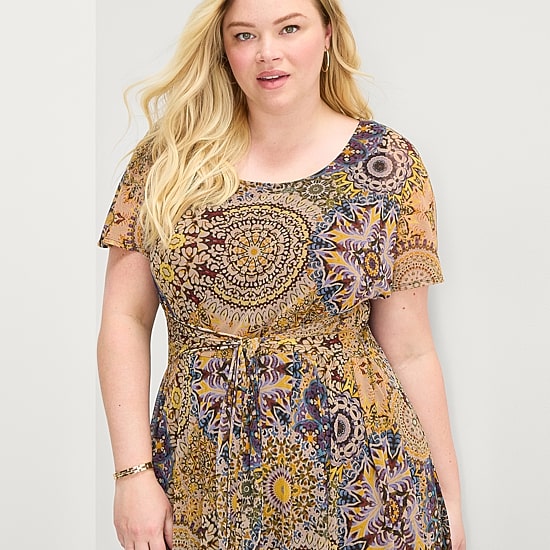 Robbie Bee Womens Plus Round Neck Sleeveless Dolman Medallion Fit + Flare Dress