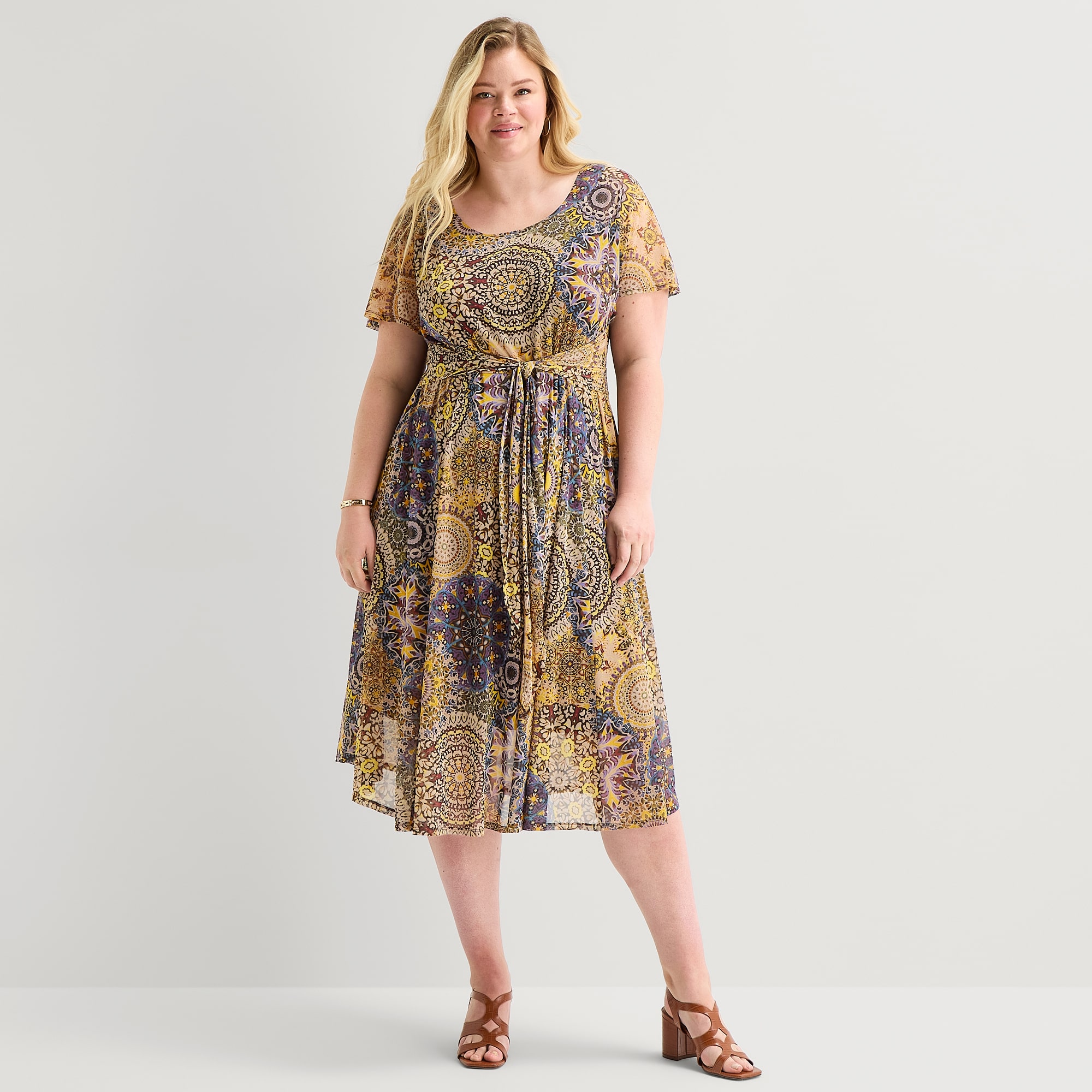 Robbie Bee Womens Plus Round Neck Sleeveless Dolman Medallion Fit + Flare Dress