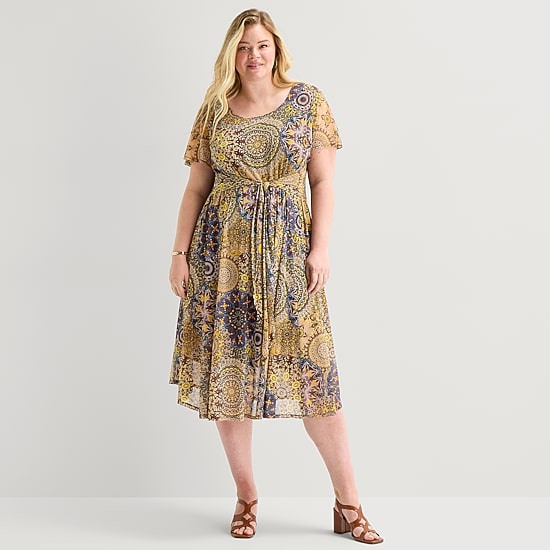 Robbie Bee Womens Plus Round Neck Sleeveless Dolman Medallion Fit + Flare Dress