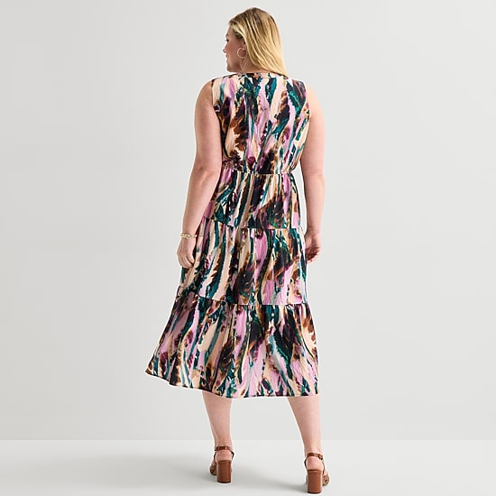 Isabel & Nina Womens Plus Midi V Neck Sleeveless Abstract Fit + Flare Dress