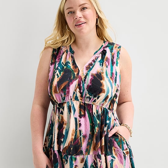 Isabel & Nina Womens Plus Midi V Neck Sleeveless Abstract Fit + Flare Dress