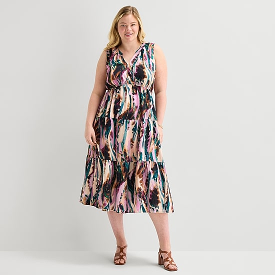 Isabel & Nina Womens Plus Midi V Neck Sleeveless Abstract Fit + Flare Dress