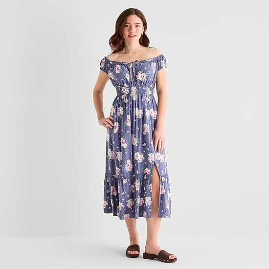 Arizona Womens Juniors Midi Short Sleeve Sundress