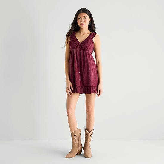 Arizona Womens Juniors V Neck Sleeveless Babydoll Dress