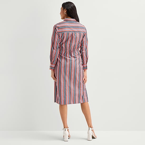 Liz Claiborne Womens Long Sleeve Midi Striped Shirt Dress