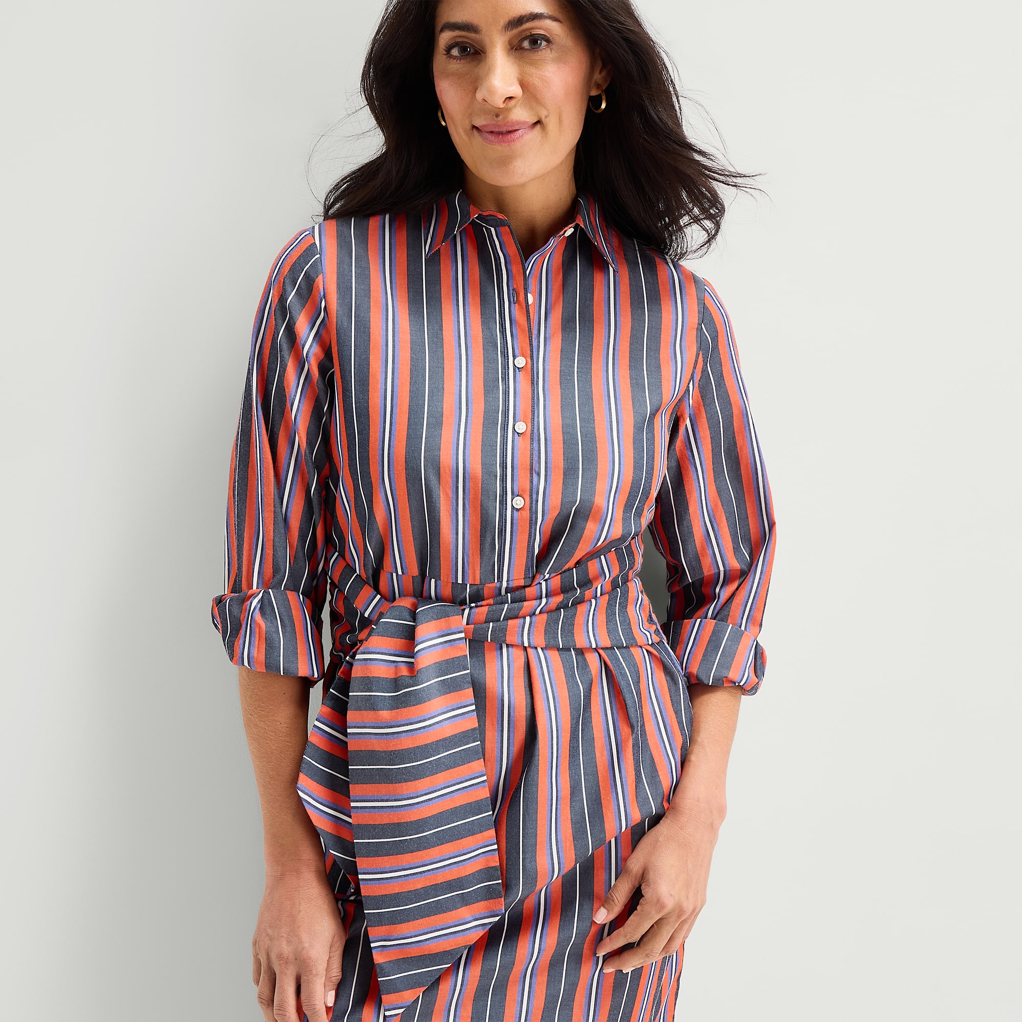 Liz Claiborne Womens Long Sleeve Midi Striped Shirt Dress