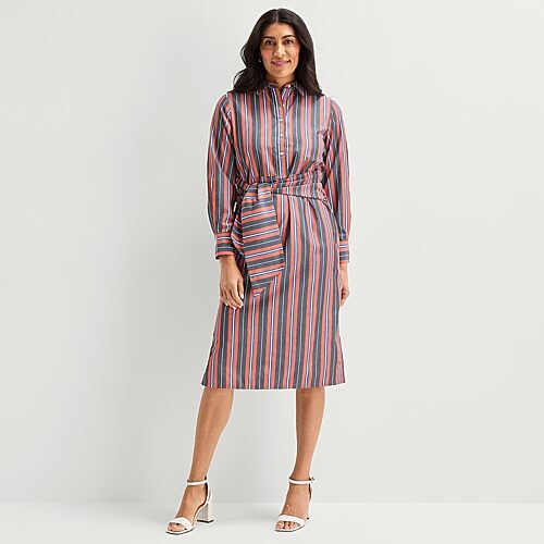 Liz Claiborne Womens Long Sleeve Midi Striped Shirt Dress In Blue