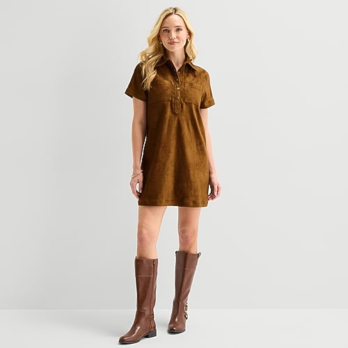 St. John's Bay Womens Short Sleeve Midi Shirt Dress In Brown
