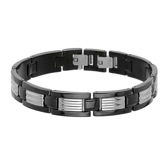 Mens Stainless Steel & Black IP Link Bracelet