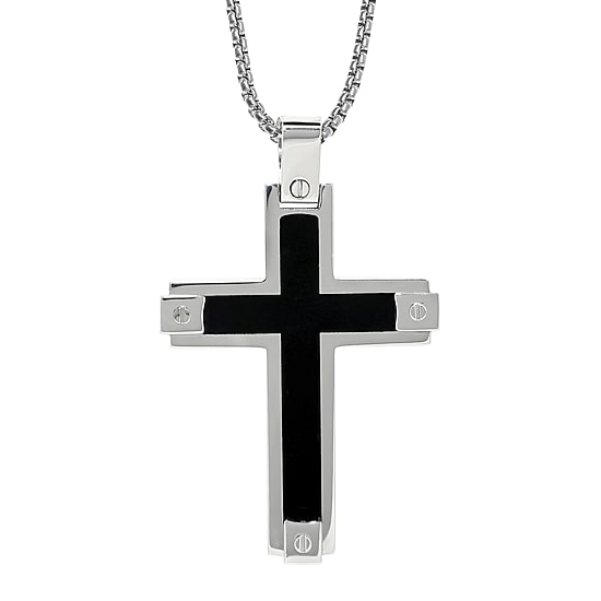 Mens Stainless Steel & Resin Cross Pendant Necklace