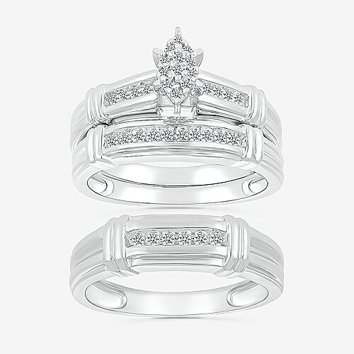 3PC His and Hers Trio Wedding Set Featuring 1/4 CT. T.W. Natural White Diamond 10K Gold Marquise Side Stone Wedding Ring Set, 7, White