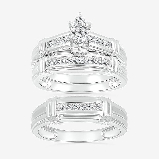 3PC His and Hers Trio Wedding Set Featuring 1/4 CT. T.W. Natural White Diamond 10K Gold Marquise Side Stone Wedding Ring Set