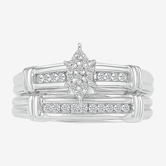3PC His and Hers Trio Wedding Set Featuring 1/4 CT. T.W. Natural White Diamond 10K Gold Marquise Side Stone Wedding Ring Set