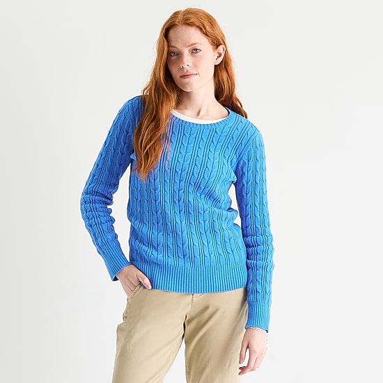 St. John's Bay Womens Crew Neck Long Sleeve Cable Knit Pullover Sweater