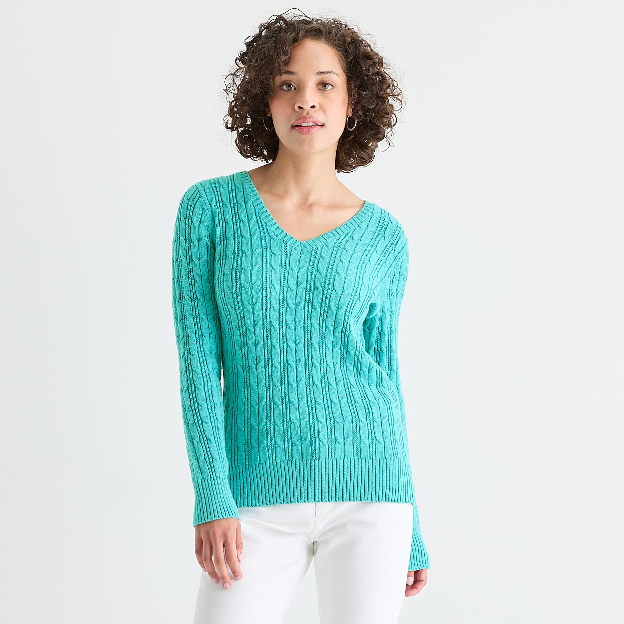 St. John's Bay Womens V Neck Long Sleeve Cable Knit Pullover Sweater