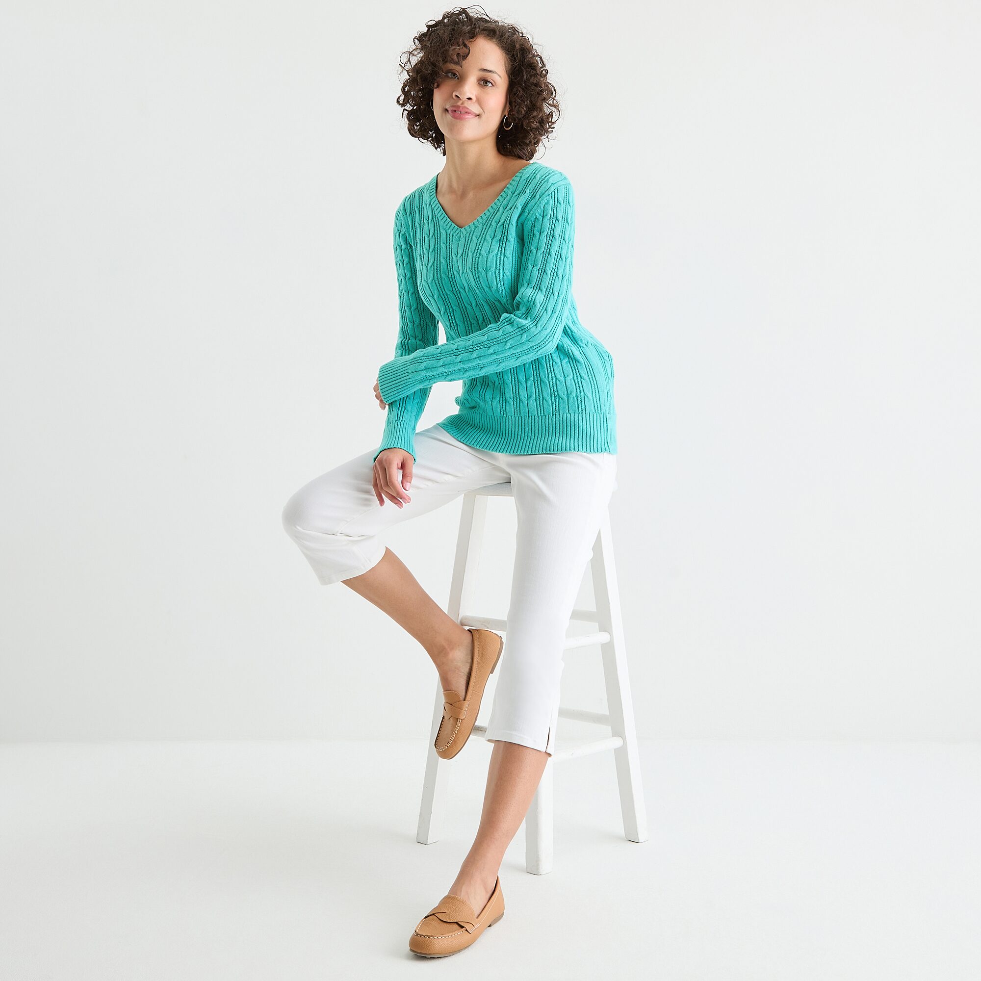 St. John's Bay Womens V Neck Long Sleeve Cable Knit Pullover Sweater