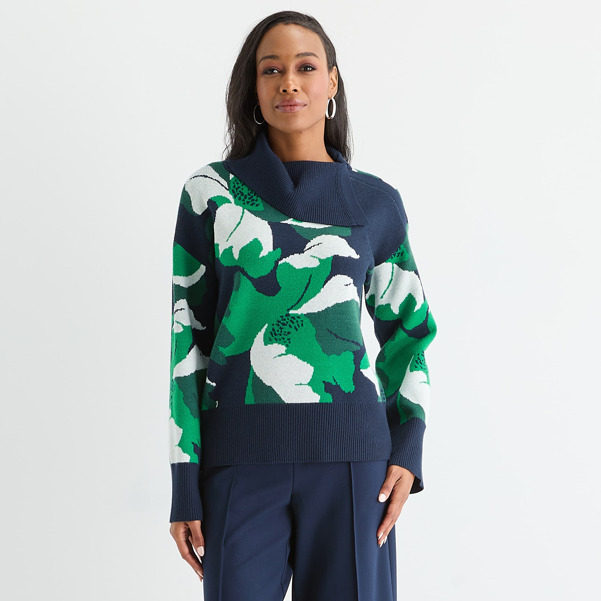 Liz Claiborne Womens Draped Neck Long Sleeve Floral Pullover Sweater