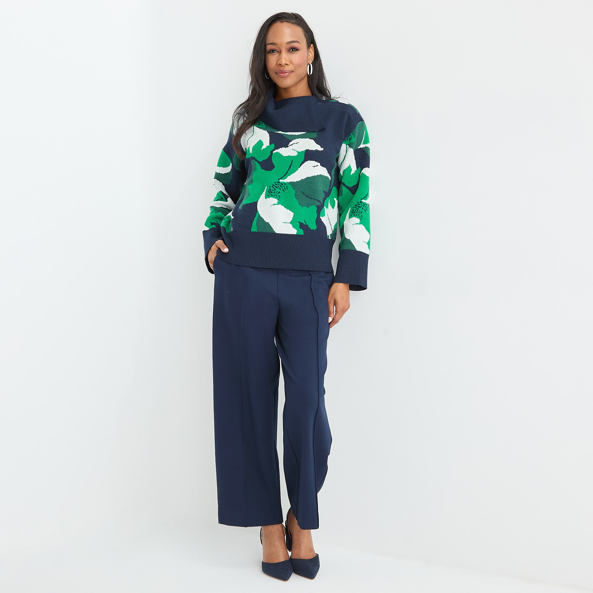 Liz Claiborne Womens Draped Neck Long Sleeve Floral Pullover Sweater