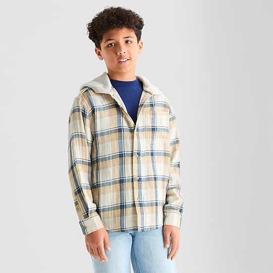Thereabouts Little & Big Kid Boys Hooded Long Sleeve Cuffed Regular Fit Button-Down Shirt