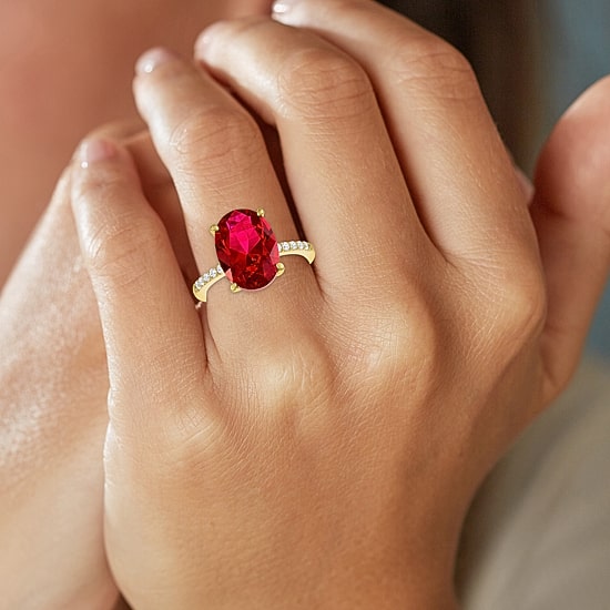 Womens Lab Created Red Ruby 14K Gold Over Silver Oval Side Stone Cocktail Ring