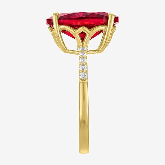 Womens Lab Created Red Ruby 14K Gold Over Silver Oval Side Stone Cocktail Ring