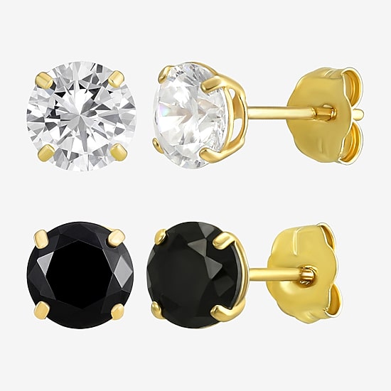 Womens Cubic Zirconia 14K Gold Round 2 Pair Earring Set
