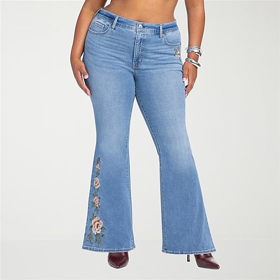 JS Jessica Simpson Embroidered Womens Plus High Rise Flare Leg Jean