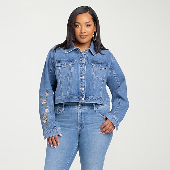 JS Jessica Simpson Womens Plus Denim Embroidered Midweight Jacket