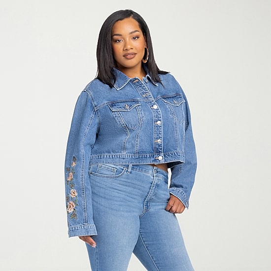 JS Jessica Simpson Womens Plus Denim Embroidered Midweight Jacket