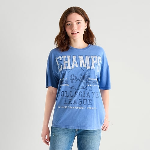 Arizona Womens Juniors Round Neck Short Sleeve Oversized Graphic T-Shirt, Xx-large, Blue