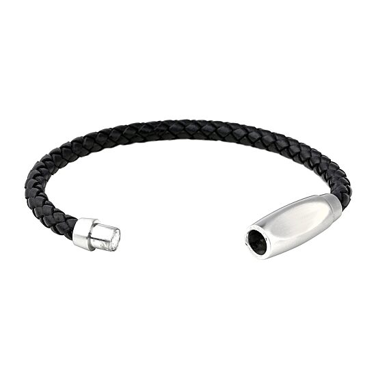 Mens Braided Black Leather Stainless Steel Bracelet