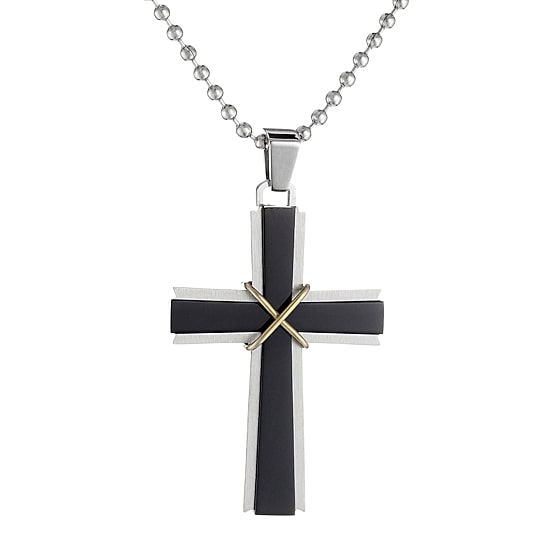 Mens Stainless Steel & Black IP Cross Pendant Necklace