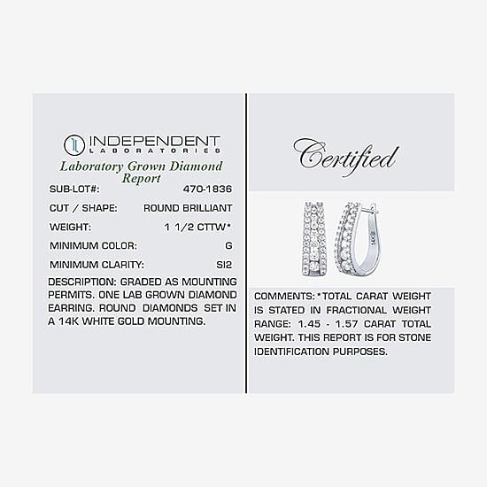 (G / Si2) Womens 1 1/2 CT. T.W. Lab Grown White Diamond 14K Gold 20.9mm Hoop Earrings