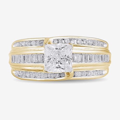 (G / I1) Womens 1 1/2 CT. T.W. Lab Grown White Diamond 10K Gold Side Stone Engagement Ring, 9, Yellow